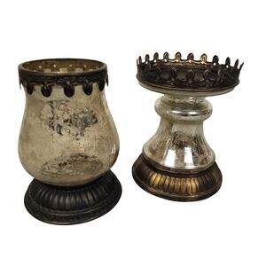 Pottery Barn Vintage Mercury Vase & Candle Holder Set Rustic Silver Glass Decor